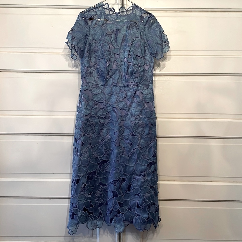 JS Collections Dress Women 10 French Blue Floral Lace Midi Cocktail Short Sleeve